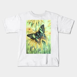 Urania Ripheus Butterfly on Rudbeckia Flower Kids T-Shirt